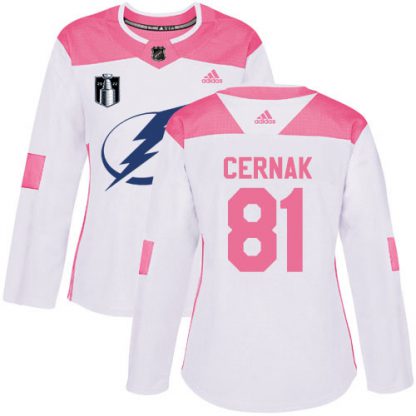 Adidas Tampa Bay Lightning #81 Erik Cernak White/Pink 2022 Stanley Cup Final Patch Authentic Fashion Women's Stitched NHL Jersey
