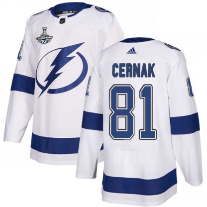 Adidas Tampa Bay Lightning #81 Erik Cernak White Road Authentic Youth 2020 Stanley Cup Champions Stitched NHL Jersey