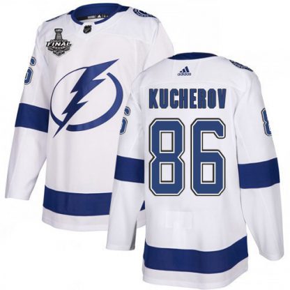 Adidas Tampa Bay Lightning #86 Nikita Kucherov White Road Authentic 2021 NHL Stanley Cup Final Patch Jersey