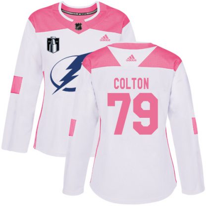 Adidas Tampa Bay Lightning #79 Ross Colton White/Pink 2022 Stanley Cup Final Patch Authentic Fashion Women's Stitched NHL Jersey