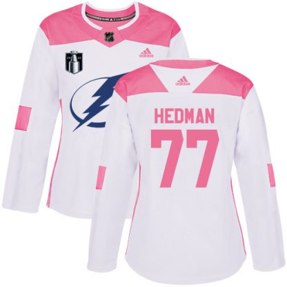 Adidas Tampa Bay Lightning #77 Victor Hedman White/Pink 2022 Stanley Cup Final Patch Authentic Fashion Women's Stitched NHL Jersey