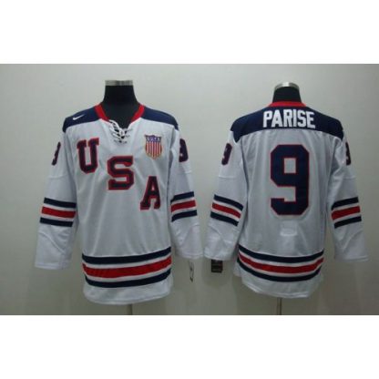 2010 Olympic Team USA #9 Zach Parise Embroidered White 1960 Throwback NHL Jersey
