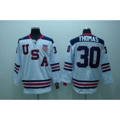 2010 Olympic Team USA #30 Tim Thomas Embroidered White 1960 Throwback NHL Jersey