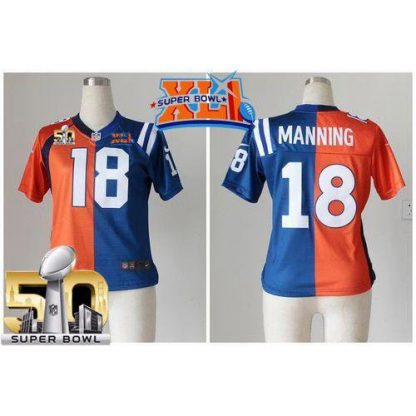 Nike Indianapolis Colts #18 Peyton Manning Orange/Blue Super Bowl XLI & Super Bowl 50 Women's Stitched NFL Elite Split Denver Broncos Jersey