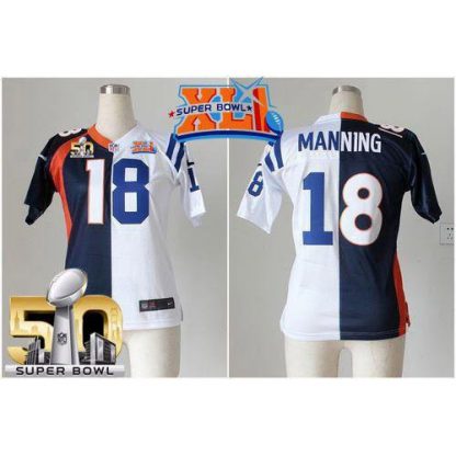 Nike Indianapolis Colts #18 Peyton Manning Blue/White Super Bowl XLI & Super Bowl 50 Women's Stitched NFL Elite Split Denver Broncos Jersey