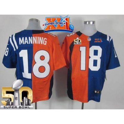 Nike Indianapolis Colts #18 Peyton Manning Orange/Royal Blue Super Bowl XLI & Super Bowl 50 Men's Stitched NFL Elite Split Denver Broncos Jersey