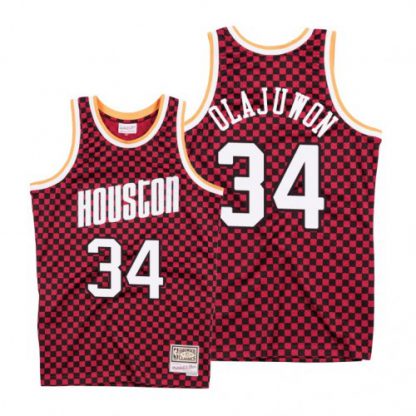 Mitchell & Ness Houston Rockets #34 Hakeem Olajuwon Red Checkerboard HWC Throwback NBA Jersey