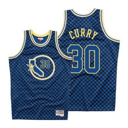 Mitchell & Ness Golden State Warriors #30 Stephen Curry Men's Royal Checkerboard HWC Throwback NBA Jersey